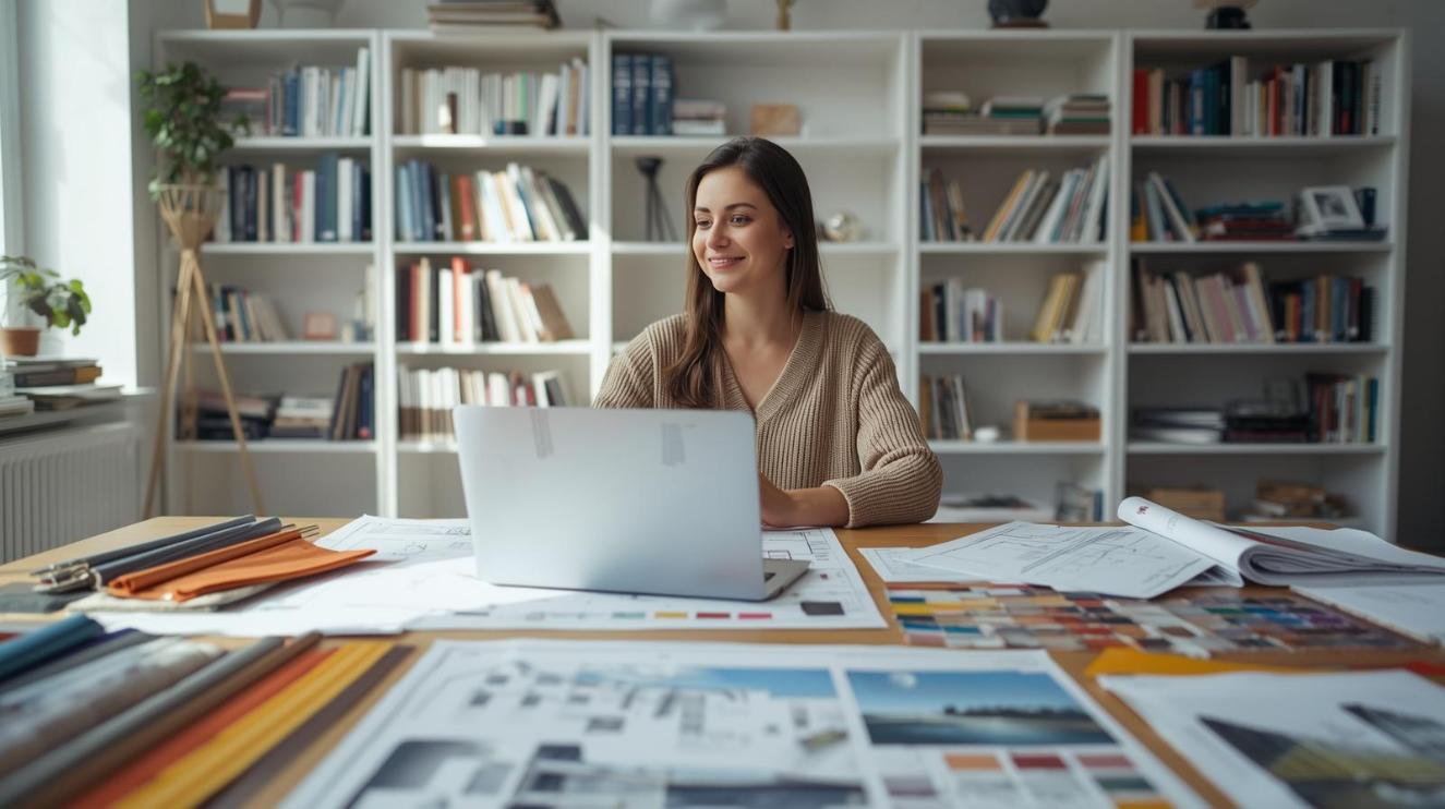 Interior designer researching materials in a sunlit studio surrounded by creative design resources.
