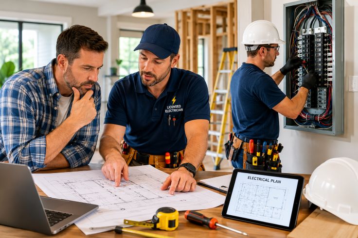 homeowner reviewing residential electrical plans with contractor inside a partially renovated home