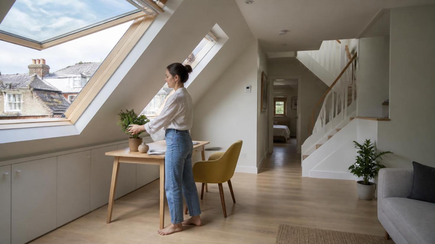 A loft interior showcases smart daylight design, elegant finishes, and practical living.