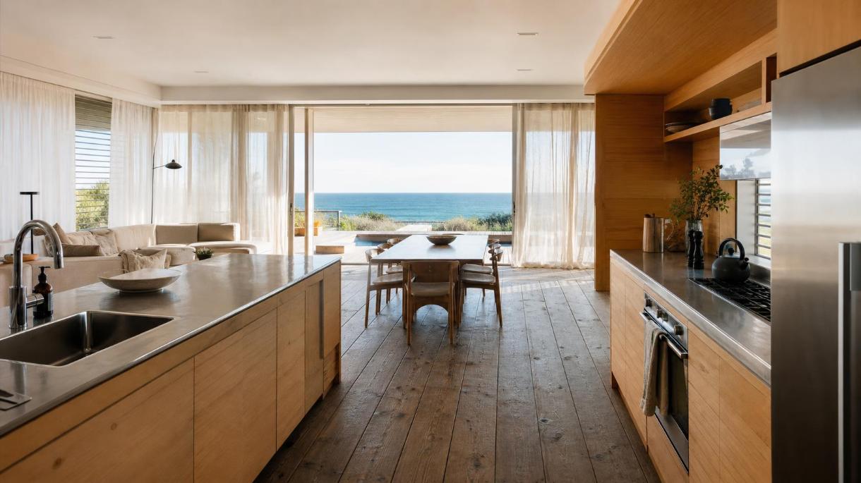 Sunlit coastal living room featuring durable timber flooring and salt-resistant metal fixtures