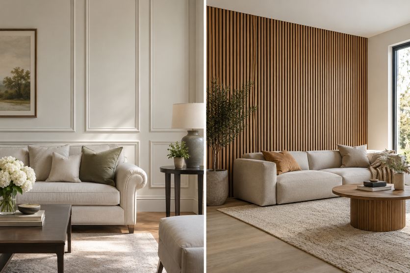 classic painted decorative moulding vs contemporary timber slatted acoustic panels