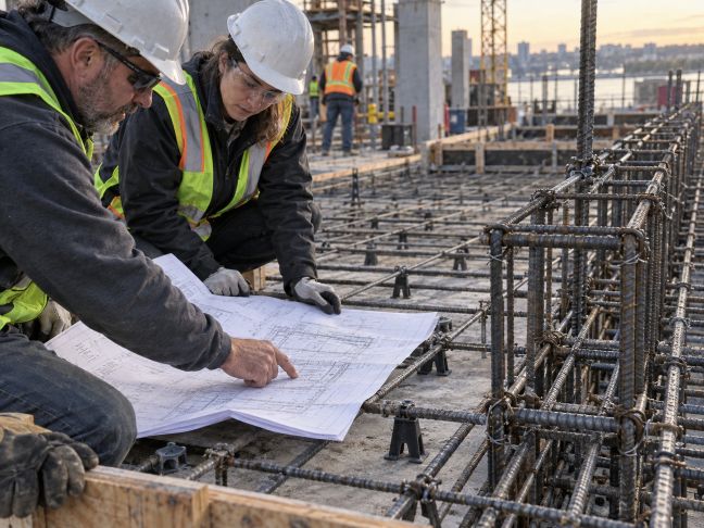 construction professionals reviewing structural drawings